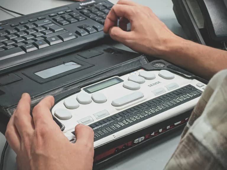 Hände an einer Braillezeile vor einer Computertastatur
